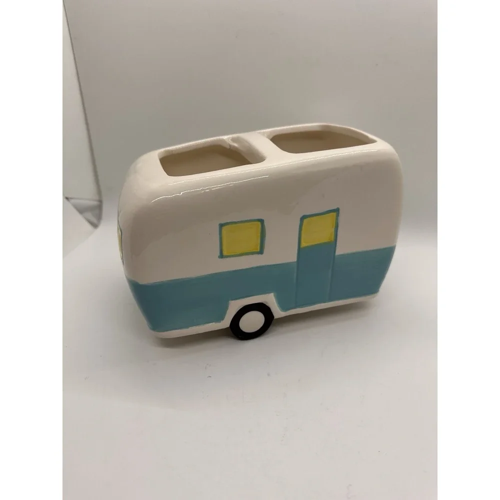 Retro Camper Ceramic Toothbrush Holder RV Bathroom Décor Turquoise Yellow‎